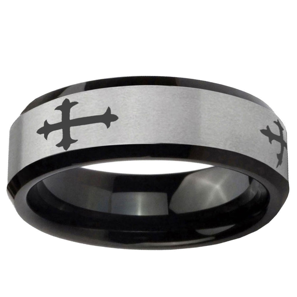 5mm Christian Cross Religious Two-Tone Beveled Gray Black Tungsten Wedding Ring