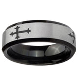 10mm Christian Cross Religious Beveled Brushed Silver Black Tungsten Ring