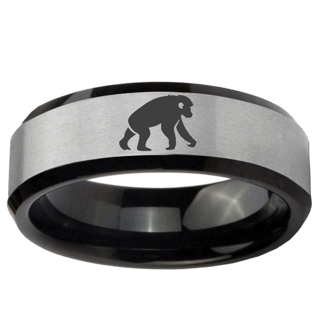10mm Chimpanzee Beveled Brushed Silver Black Tungsten Ring
