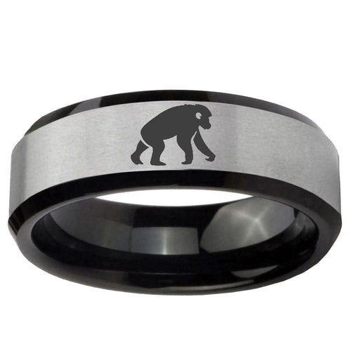 10mm Chimpanzee Beveled Brushed Silver Black Tungsten Ring