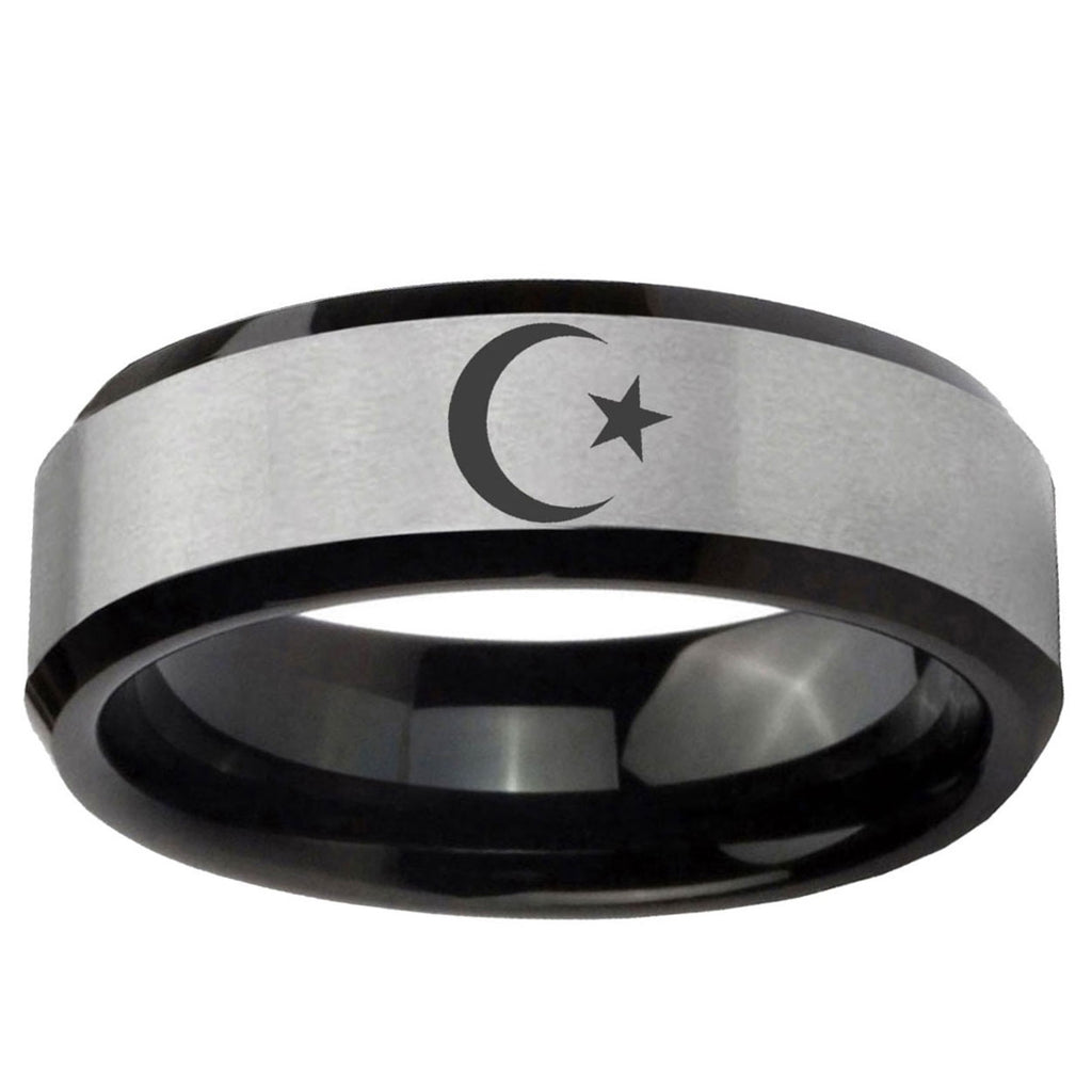 10mm Crescent Moon Stars Beveled Brushed Silver Black Tungsten Ring