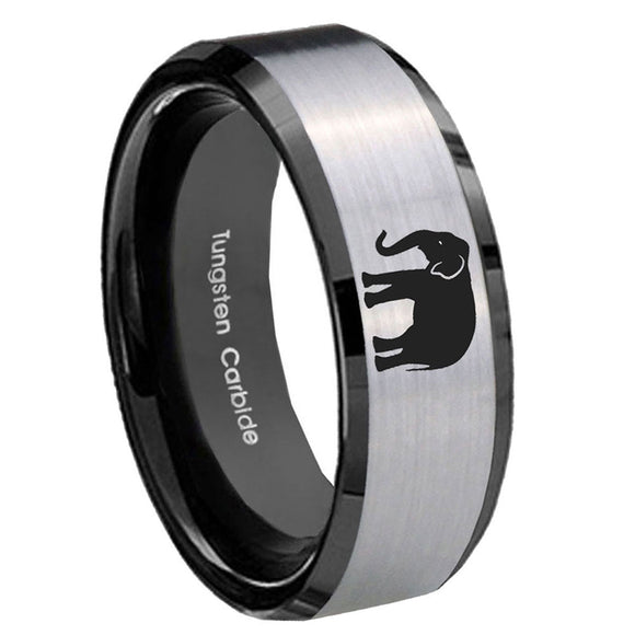 10mm-Elephant-Beveled-Brushed-Silver-Black-Tungsten-Custom-Mens-Ring