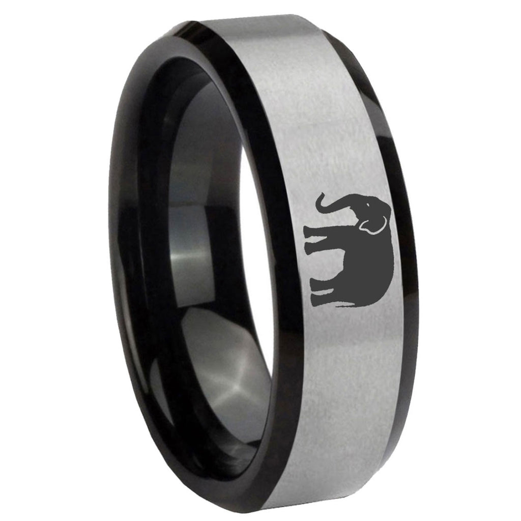 10mm Elephant Beveled Brushed Silver Black Tungsten Custom Mens Ring
