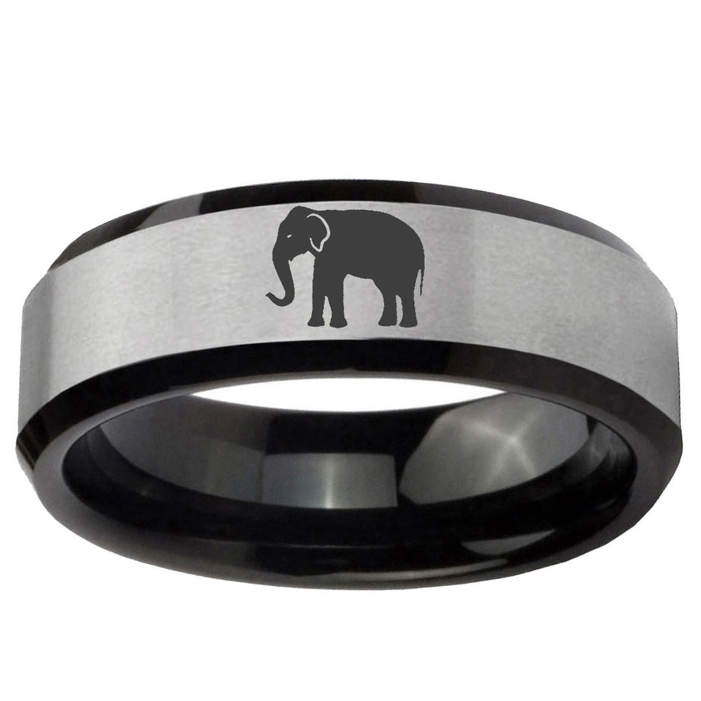 10mm Elephant Beveled Brushed Silver Black Tungsten Ring