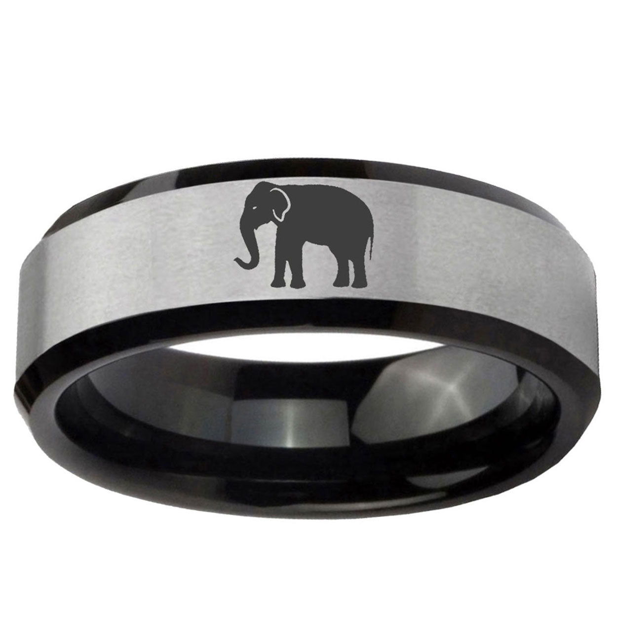 10mm Elephant Beveled Brushed Silver Black Tungsten Ring