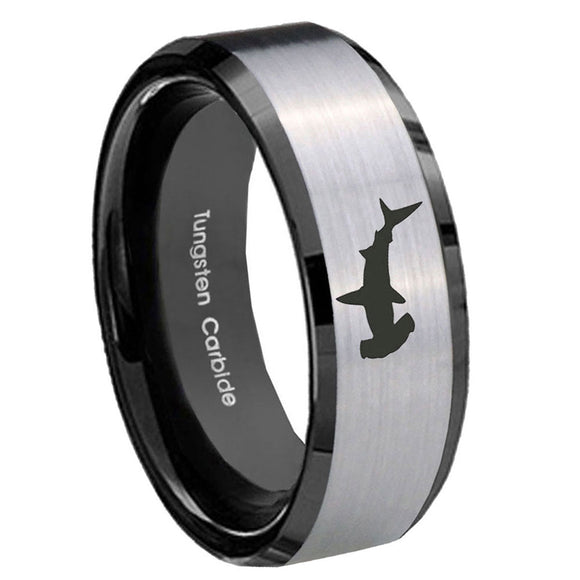 10mm-Hammerhead-Shark-Beveled-Brushed-Silver-Black-Tungsten-Custom-Mens-Ring