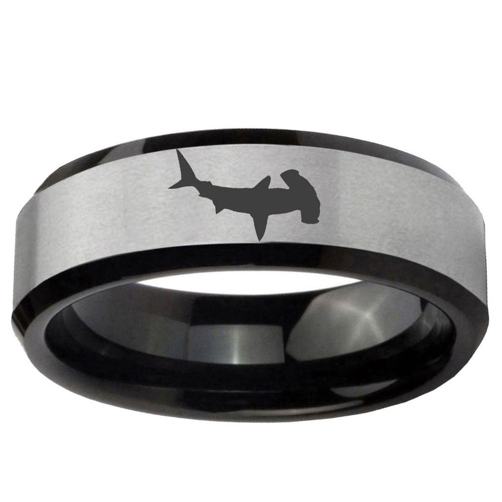 10mm Hammerhead Shark Beveled Brushed Silver Black Tungsten Ring