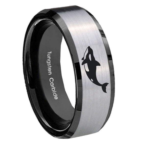 10mm-Keller-Whale-Beveled-Brushed-Silver-Black-Tungsten-Custom-Mens-Ring