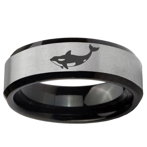 10mm Keller Whale Beveled Brushed Silver Black Tungsten Ring