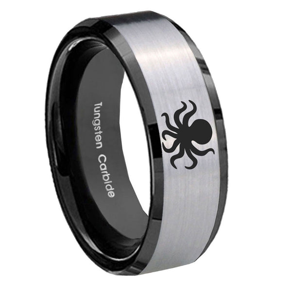 10mm-Octopus-Beveled-Brushed-Silver-Black-Tungsten-Custom-Mens-Ring