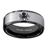 10mm-Octopus-Beveled-Brushed-Silver-Black-Tungsten-Custom-Mens-Ring