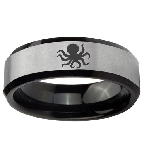 10mm Octopus Beveled Brushed Silver Black Tungsten Ring