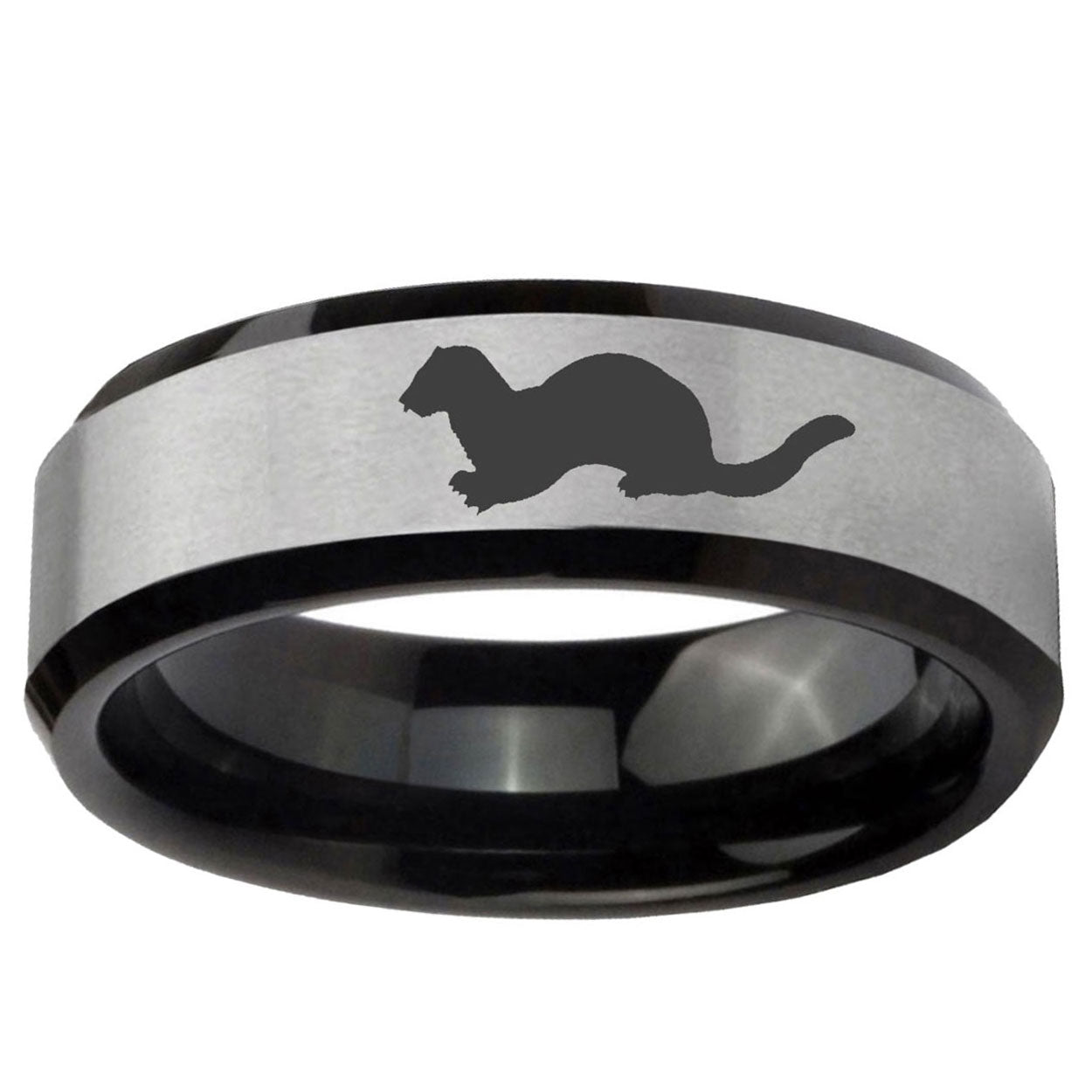 10mm Otter Beveled Brushed Silver Black Tungsten Ring