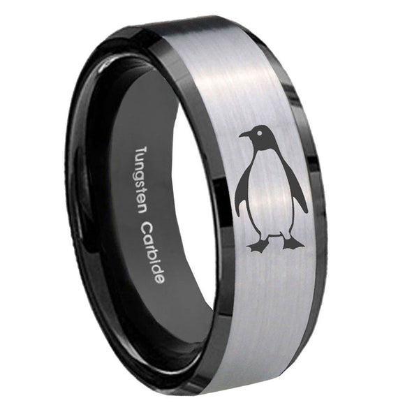 10mm-Penguin-Beveled-Brushed-Silver-Black-Tungsten-Custom-Mens-Ring