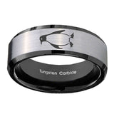 10mm-Penguin-Beveled-Brushed-Silver-Black-Tungsten-Custom-Mens-Ring