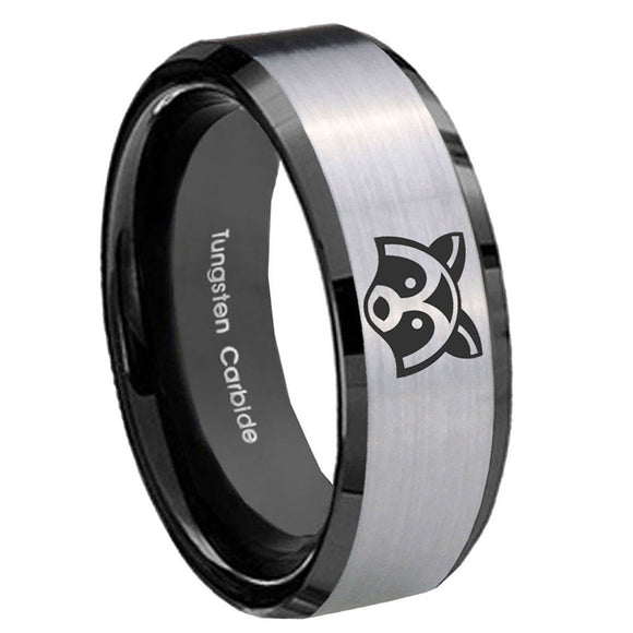 10mm-Raccoon-Animal-Beveled-Brushed-Silver-Black-Tungsten-Custom-Mens-Ring