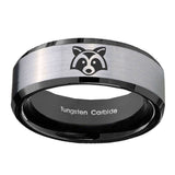10mm-Raccoon-Animal-Beveled-Brushed-Silver-Black-Tungsten-Custom-Mens-Ring