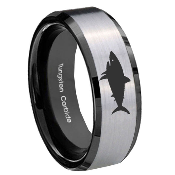 10mm-Shark-Beveled-Brushed-Silver-Black-Tungsten-Custom-Mens-Ring