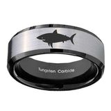 10mm-Shark-Beveled-Brushed-Silver-Black-Tungsten-Custom-Mens-Ring