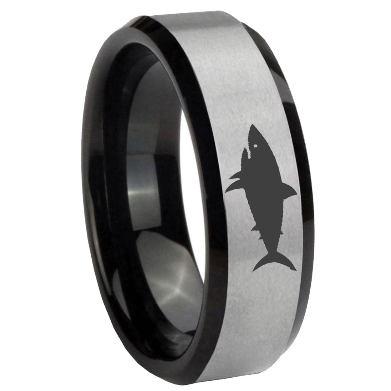 10mm Shark Beveled Brushed Silver Black Tungsten Custom Mens Ring