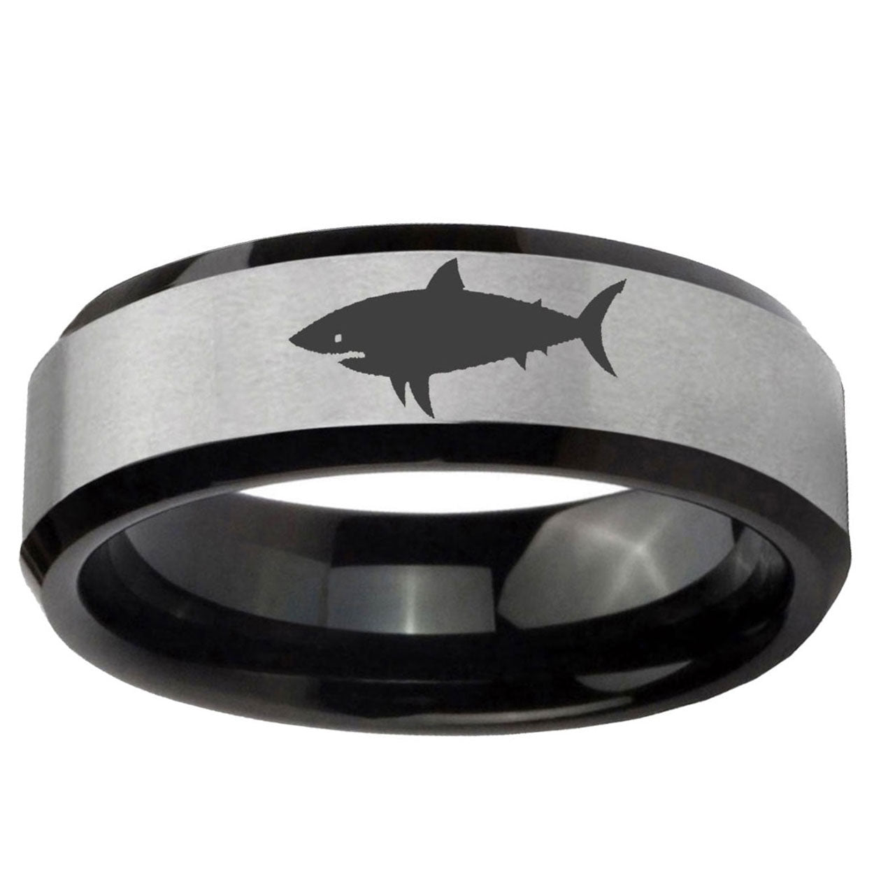 10mm Shark Beveled Brushed Silver Black Tungsten Ring