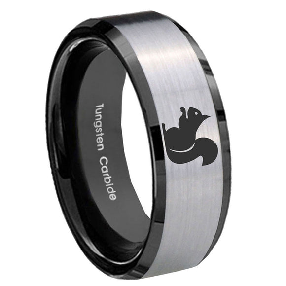 10mm-Squirrel-Beveled-Brushed-Silver-Black-Tungsten-Custom-Mens-Ring
