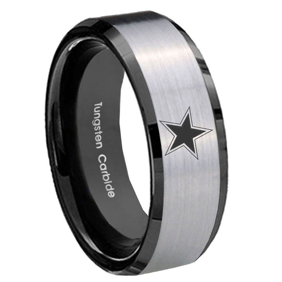 10mm-Cowboys-Star-Beveled-Brushed-Silver-Black-Tungsten-Custom-Mens-Ring