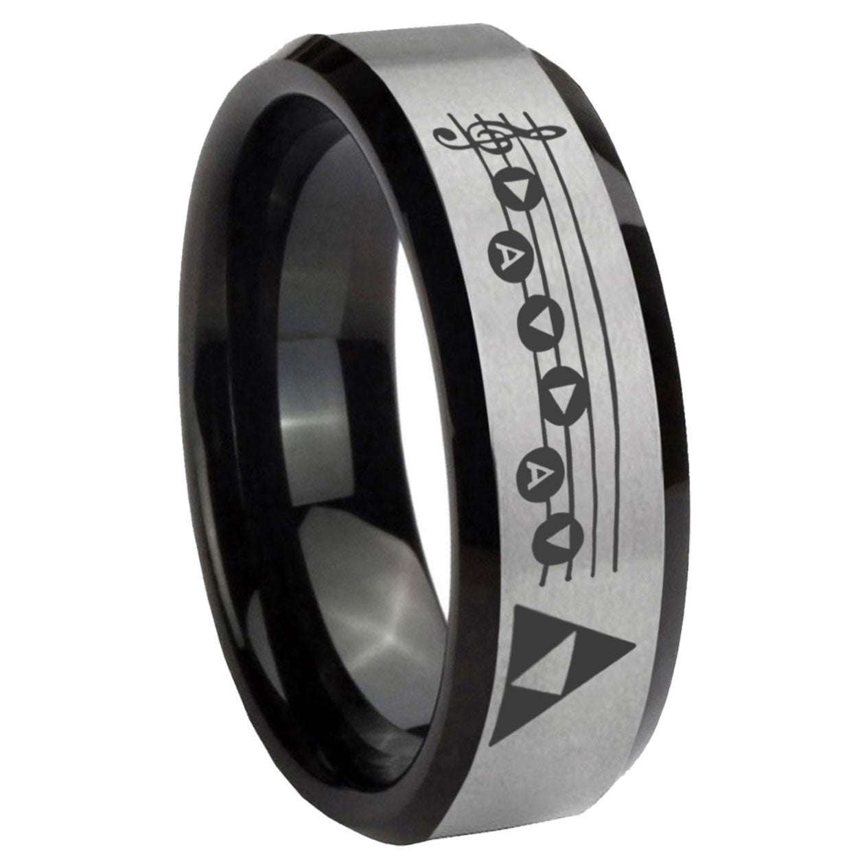 8mm Ocarina Songs Zelda Two-Tone Beveled Gray Black Tungsten Wedding Ring