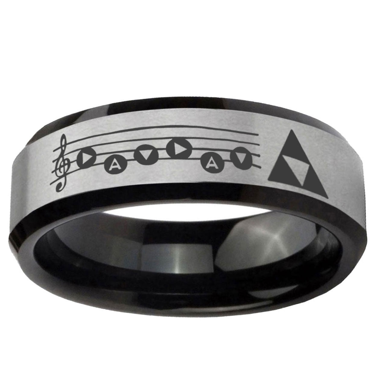 5mm Ocarina Songs Zelda Two-Tone Beveled Gray Black Tungsten Wedding Ring