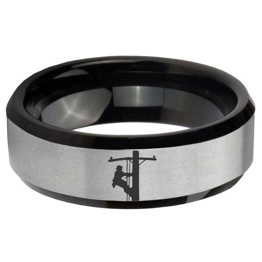 5mm Lineman Symbol Two-Tone Beveled Gray Black Tungsten Wedding Ring
