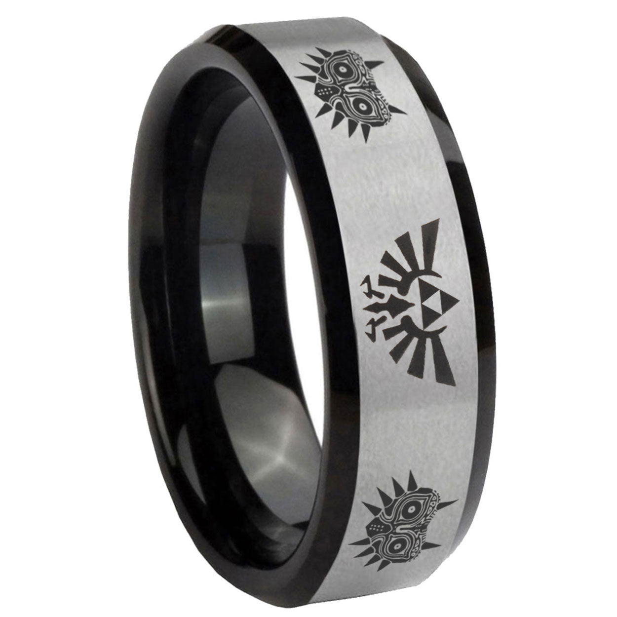 8mm Zelda Majora's Mask Two-Tone Beveled Gray Black Tungsten Wedding Ring