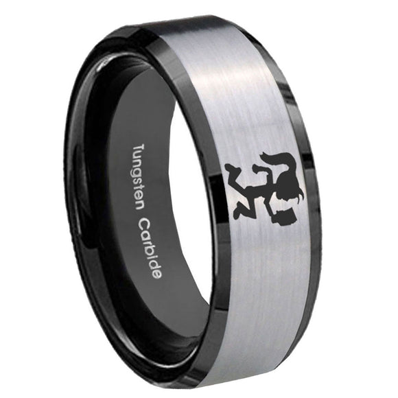10mm-Hatchet-Woman-Beveled-Brushed-Silver-Black-Tungsten-Custom-Mens-Ring