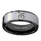 10mm-Masonic-Shriners-Beveled-Brushed-Silver-Black-Tungsten-Mens-Ring-Engraved
