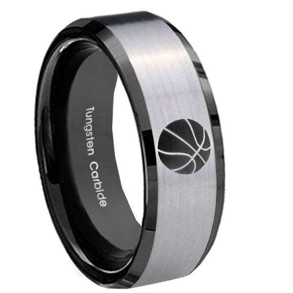10mm-Basketball-Beveled-Brushed-Silver-Black-Tungsten-Wedding-Engraving-Ring