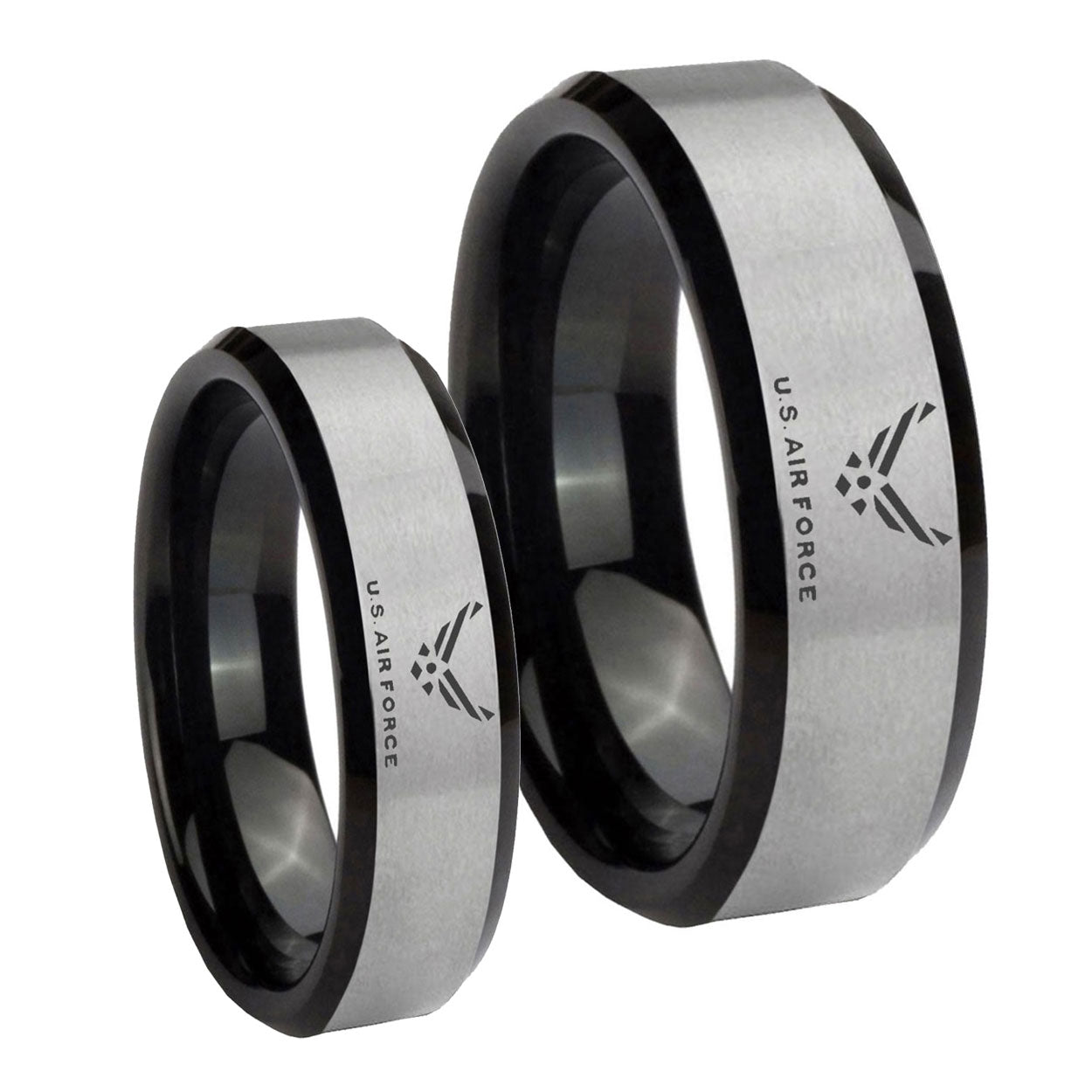 Silver Black US Air Force 2 Tone Tungsten Matching Ring Set