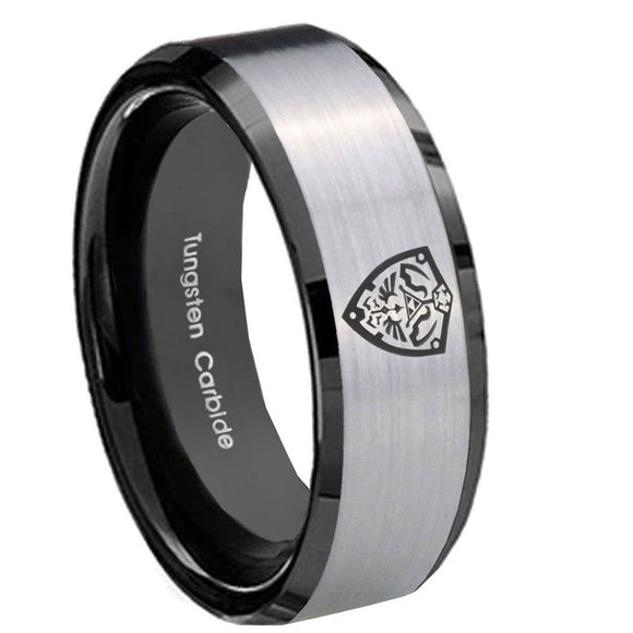 10mm-Zelda-Hylian-Shield-Beveled-Brushed-Silver-Black-Tungsten-Men's-Band-Ring