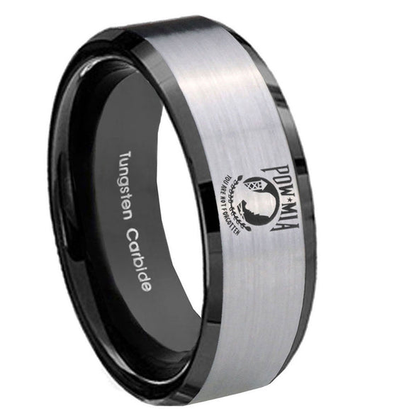10mm-Military-Pow-Beveled-Edges-Brushed-Silver-Black-Tungsten-Promise-Ring