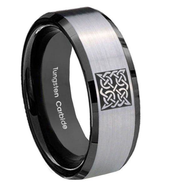 10mm-Celtic-Design-Beveled-Edges-Brushed-Silver-Black-Tungsten-Men's-Bands-Ring