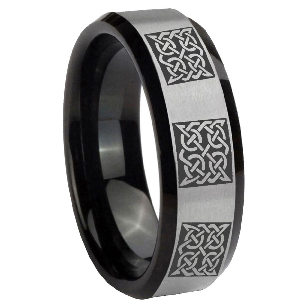 8mm Multiple Celtic Two-Tone Beveled Gray Black Tungsten Wedding Ring