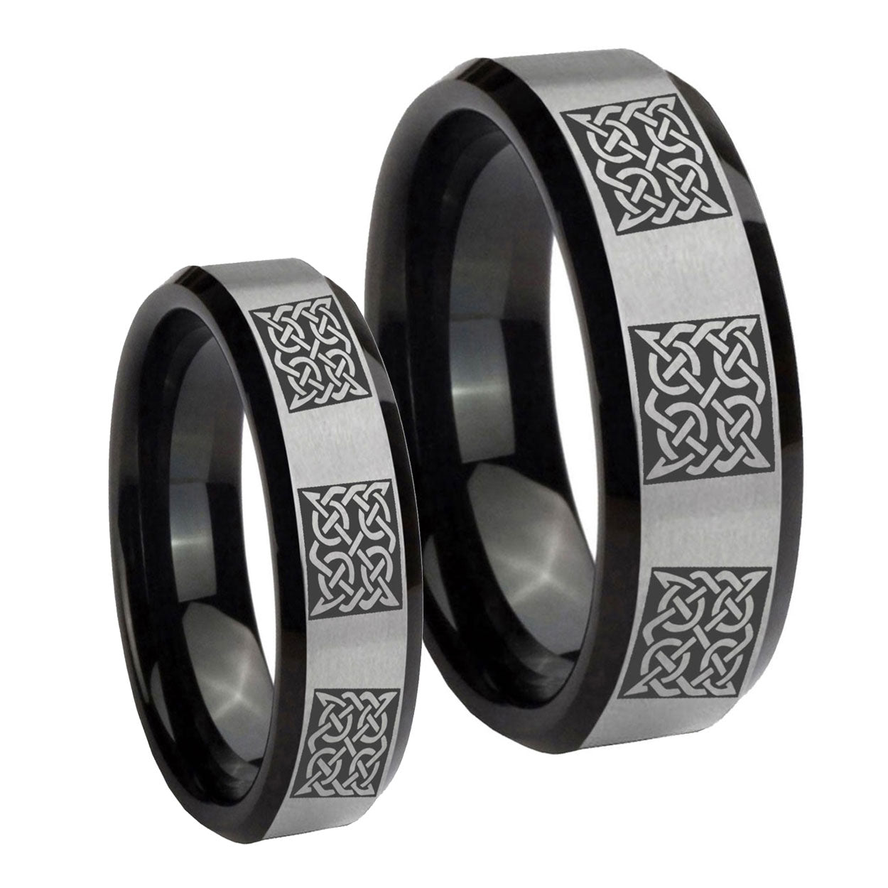Multiple Celtic Beveled Brush Black 2 Tone Tungsten Couple Wedding Rings