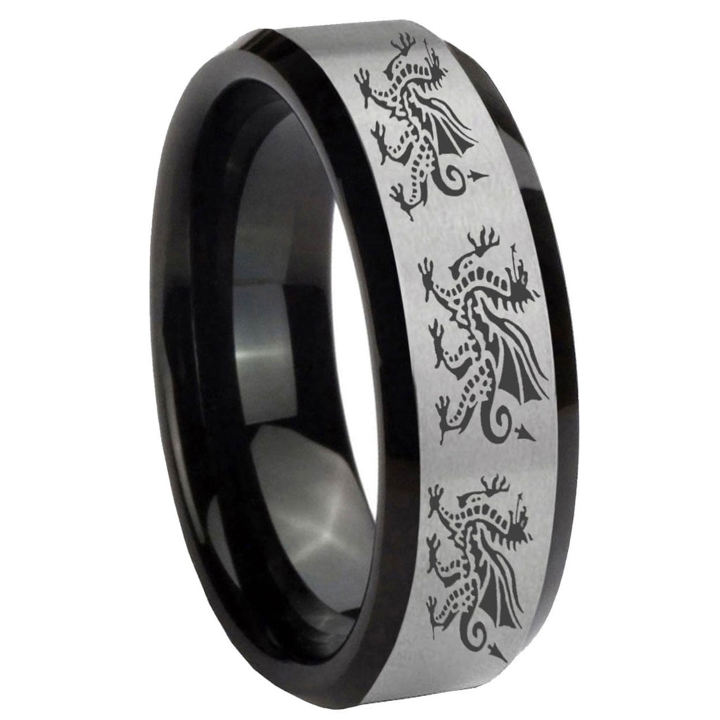 10mm Multiple Dragon Beveled Brushed Silver Black Tungsten Mens Bands Ring