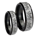 Multiple Dragon Beveled Brush Black 2 Tone Tungsten Promise Ring Set