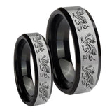 His Hers Multiple Dragon Beveled Brush Black 2 Tone Tungsten Men's Ring Set
