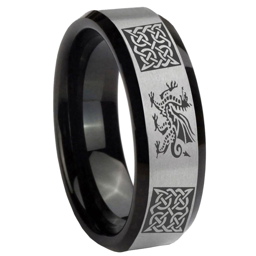 8mm Multi Dragon Celtic Two-Tone Beveled Gray Black Tungsten Wedding Ring