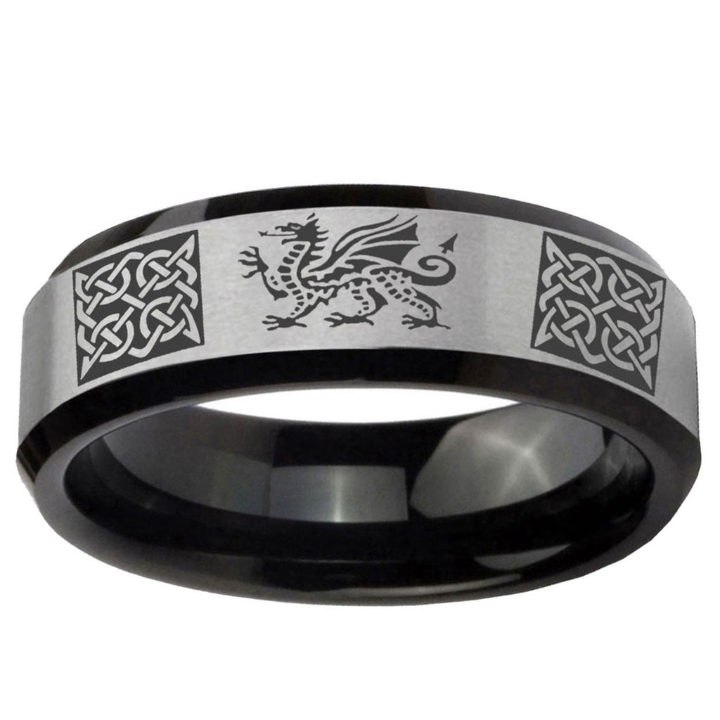 10mm Multiple Dragon Celtic Beveled Brushed Silver Black Tungsten Bands Ring