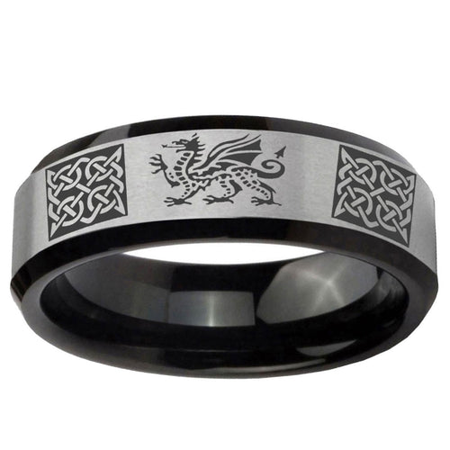 10mm Multiple Dragon Celtic Beveled Brushed Silver Black Tungsten Bands Ring