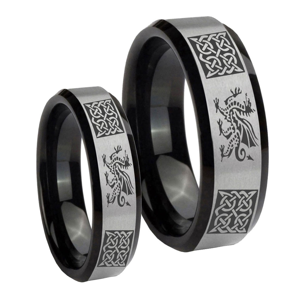 Multiple Dragon Celtic Beveled Brush Black 2 Tone Tungsten Wedding Band Set