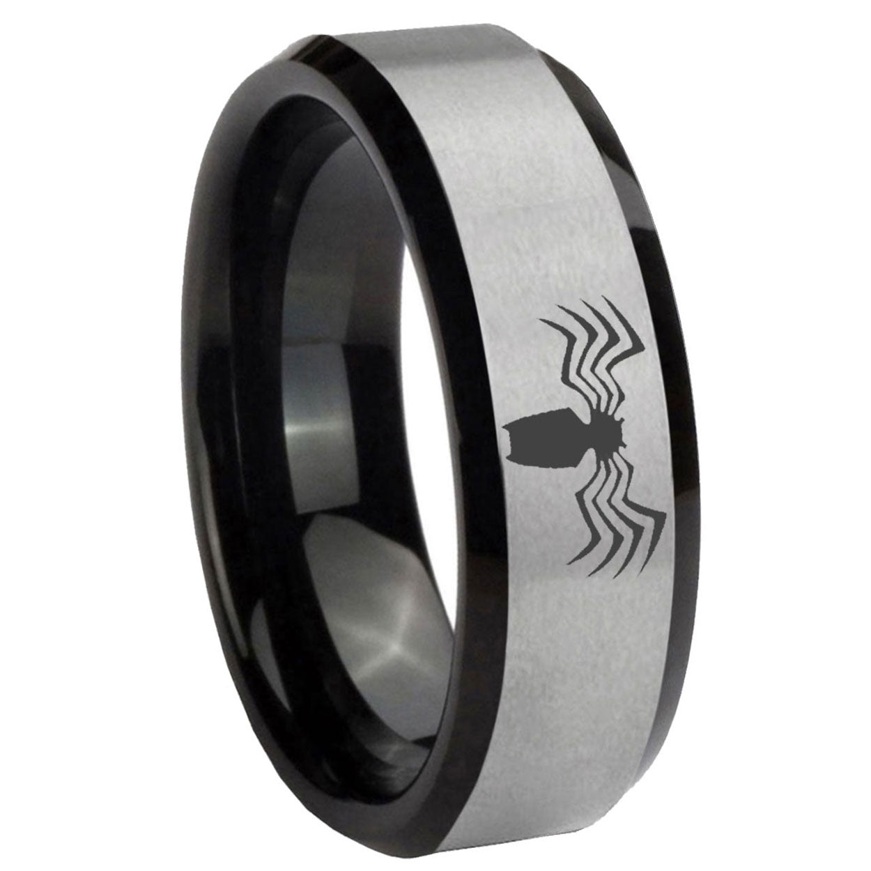 10mm Spider Beveled Edges Brushed Silver Black Tungsten Men's Bands Ring