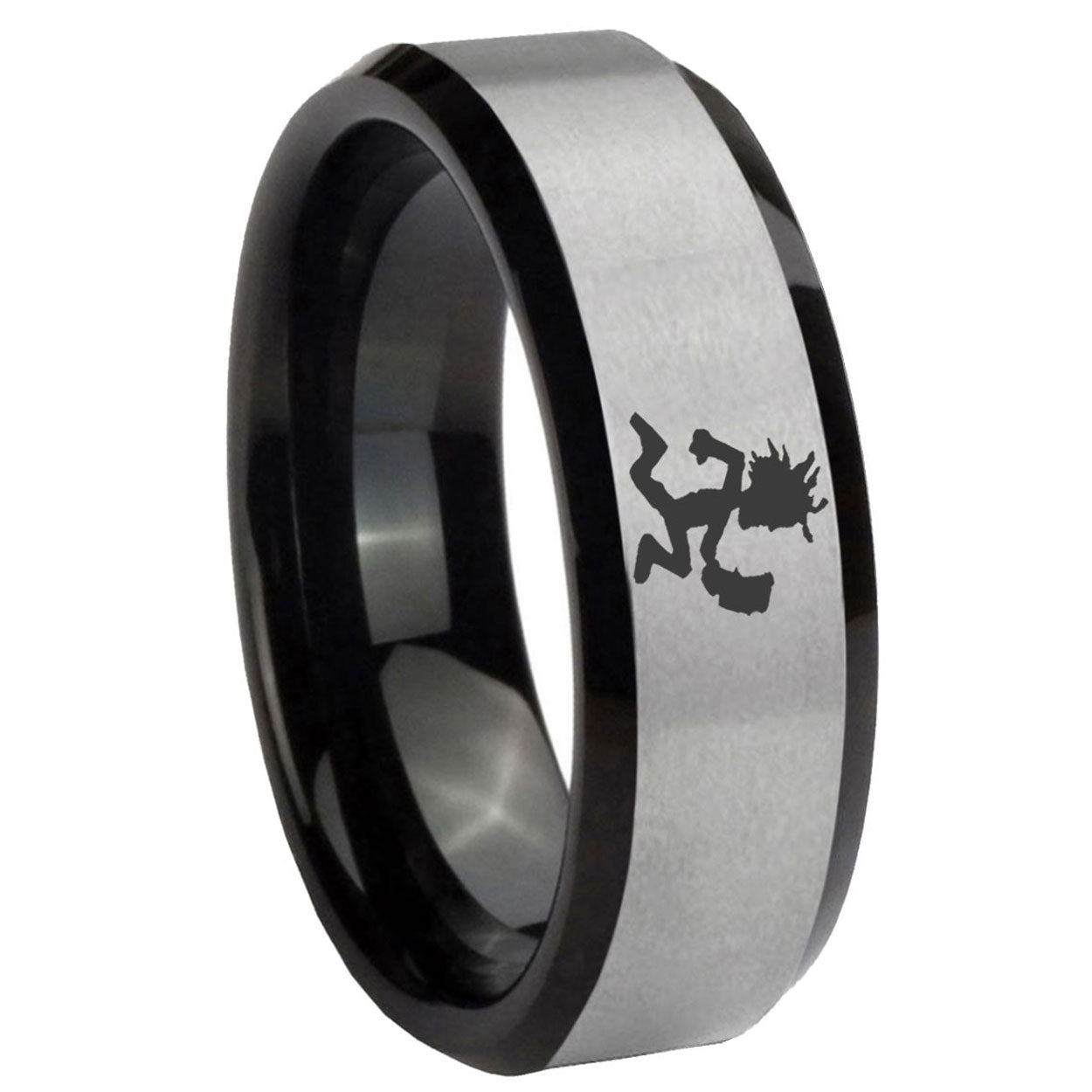 10mm Hatchet Man Beveled Brushed Silver Black Tungsten Men's Engagement Band