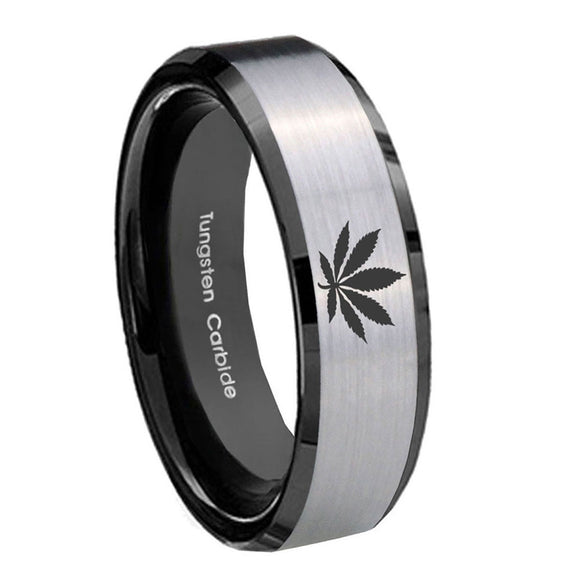 8mm-Marijuana-Leaf-Beveled-Brush-Black-2-Tone-Tungsten-Wedding-Engagement-Ring